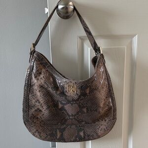 Tory Burch Brown Snake-Print Patent Leather Hobo